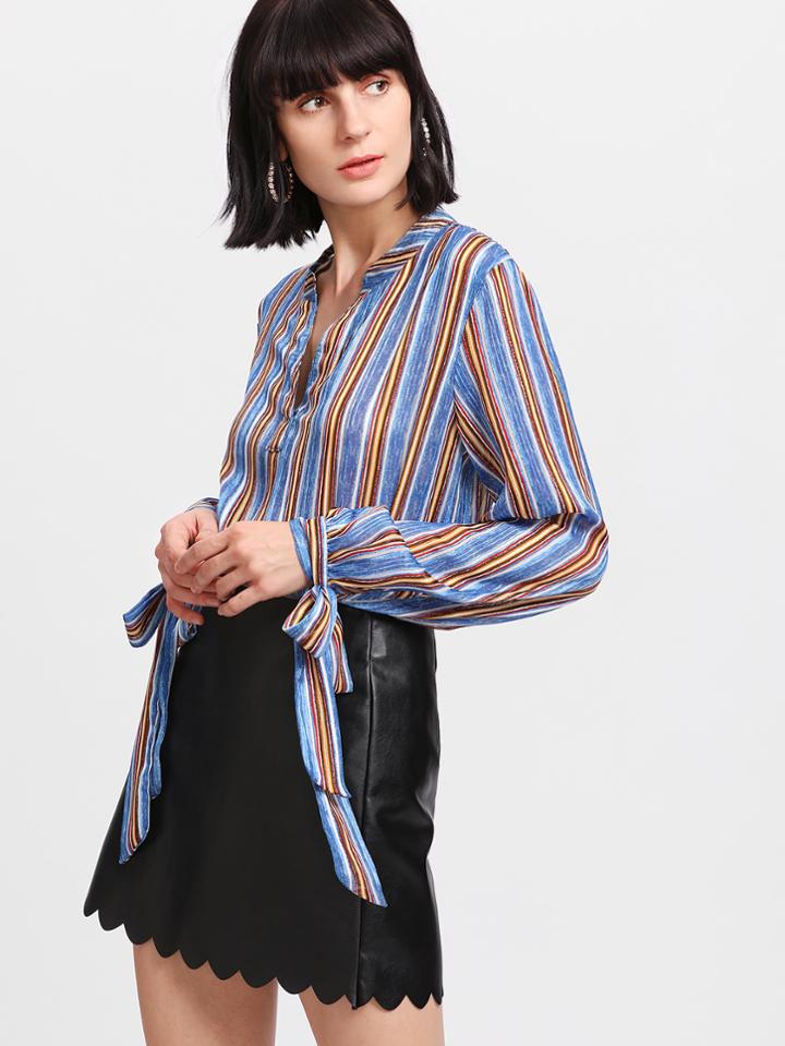 Romwe V Placket Tie Cuff Striped Top