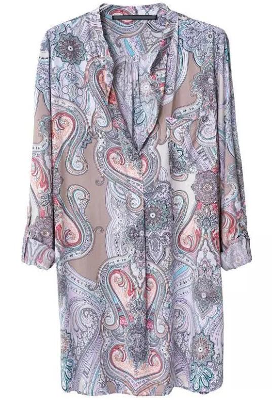 Romwe Khaki Stand Collar Long Sleeve Floral Blouse