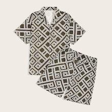 Romwe Guys Greek Fret Print Shirt & Shorts