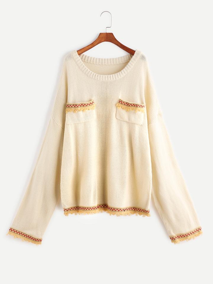 Romwe Apricot Pocket Front Oversized Sweater With Embroidered Tape Detail