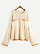 Romwe Apricot Pocket Front Oversized Sweater With Embroidered Tape Detail