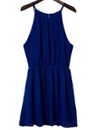 Romwe Blue Elastic Waist Keyhole Back Spaghetti Strap Dress