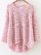 Romwe Pink Marled Knit Raglan Sleeve Dip Hem Sweater