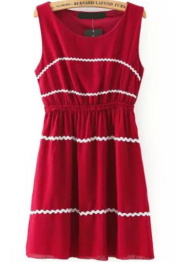 Romwe Contrast Edge Chiffon Pleated Red Dress