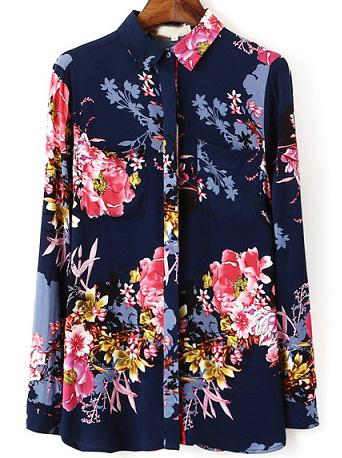Romwe Multicolor Lapel Long Sleeve Floral Blouse