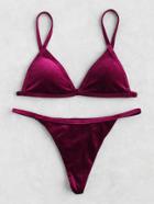 Romwe Wine Red Triangle Velvet Bikini Set