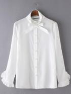 Romwe White Bow Tie Ruffle Cuff Buttons Front Blouse