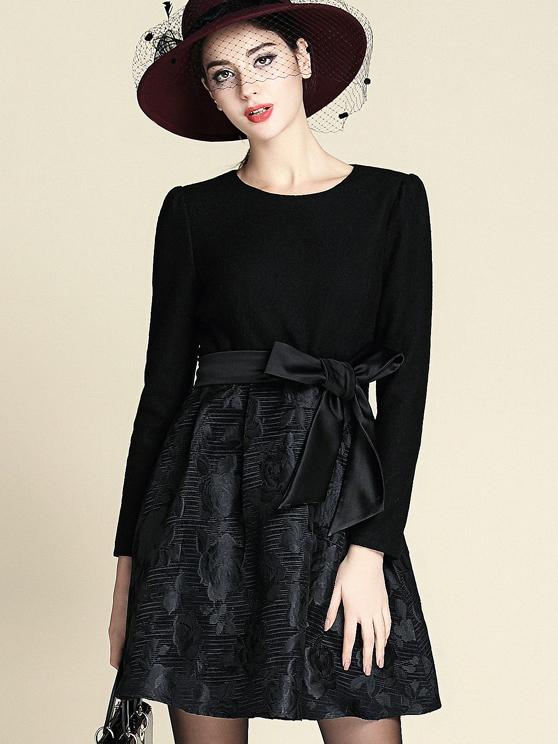 Romwe Black Round Neck Long Sleeve Tie-waist Dress