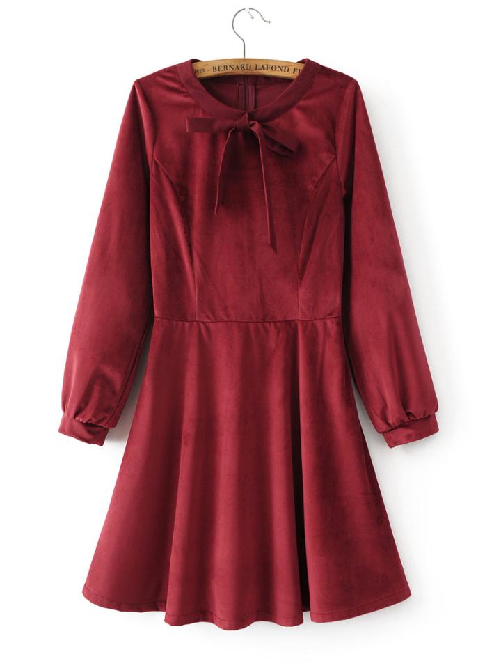 Romwe Red Velvet Bow Detail Skater Dress