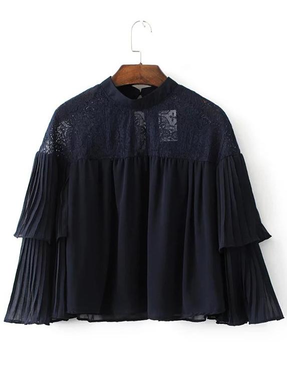 Romwe Navy Pleated Lace Detail Layered Blouse
