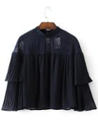 Romwe Navy Pleated Lace Detail Layered Blouse