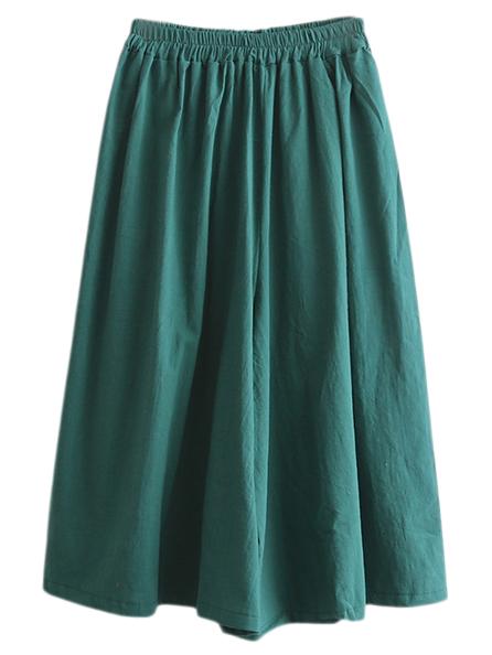 Romwe Green Elastic Waist Wide Leg Cotton Hemp Culottes