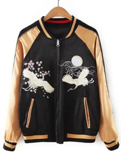 Romwe Gold Crane Embroidered Zipper Up Bomber Jacket