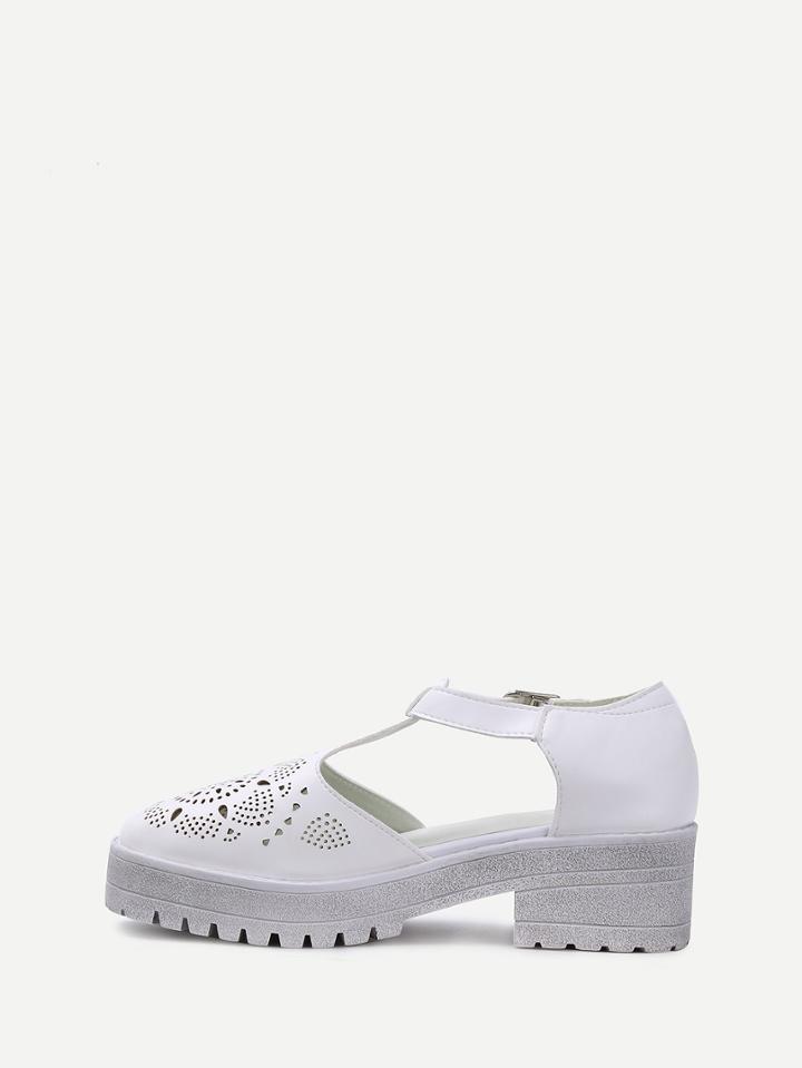 Romwe White Lug Sole Block Hollow Wedge Pumps