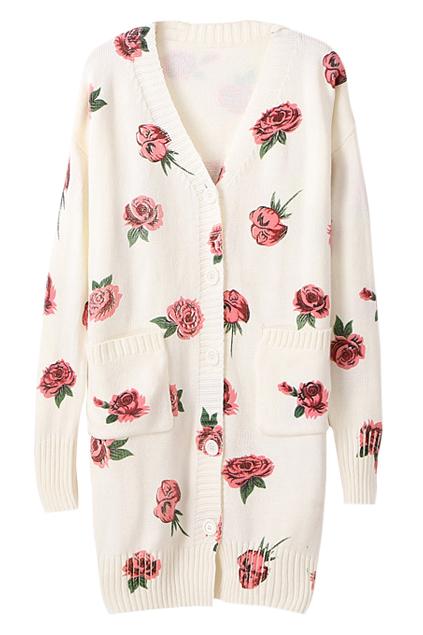 Romwe Rose Knitted Double Pockets V-neck Cream Cardigan