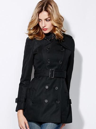 Romwe Black Lapel Long Sleeve Belt Pockets Coat