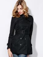 Romwe Black Lapel Long Sleeve Belt Pockets Coat