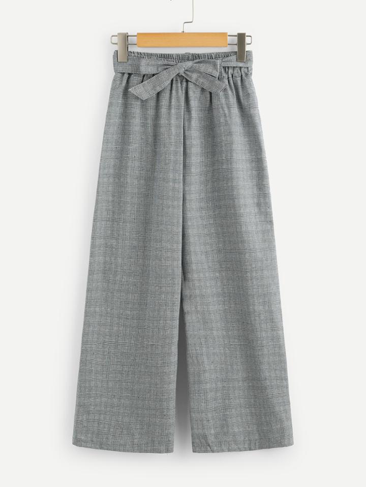 Romwe Self Tie Waist Plaid Wide Leg Pants