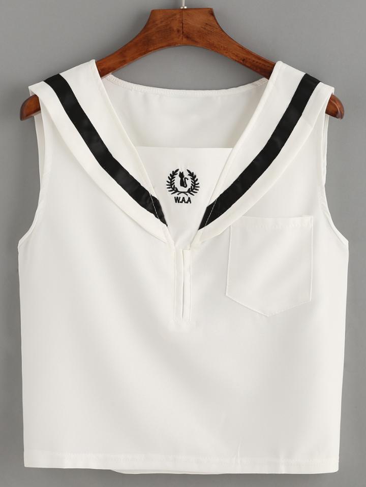 Romwe White Embroidered Pocket Sleeveless Sailor Blouse