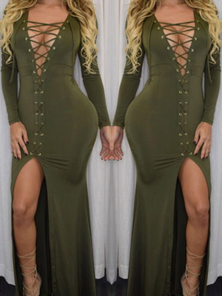 Romwe Army Green Lace-up Split Center Floor Sweep Dress