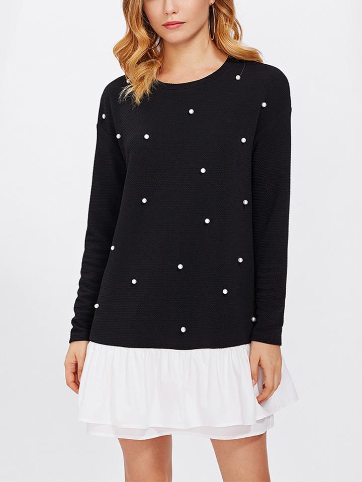 Romwe Contrast Layered Ruffle Hem Pearl Embellished Dress