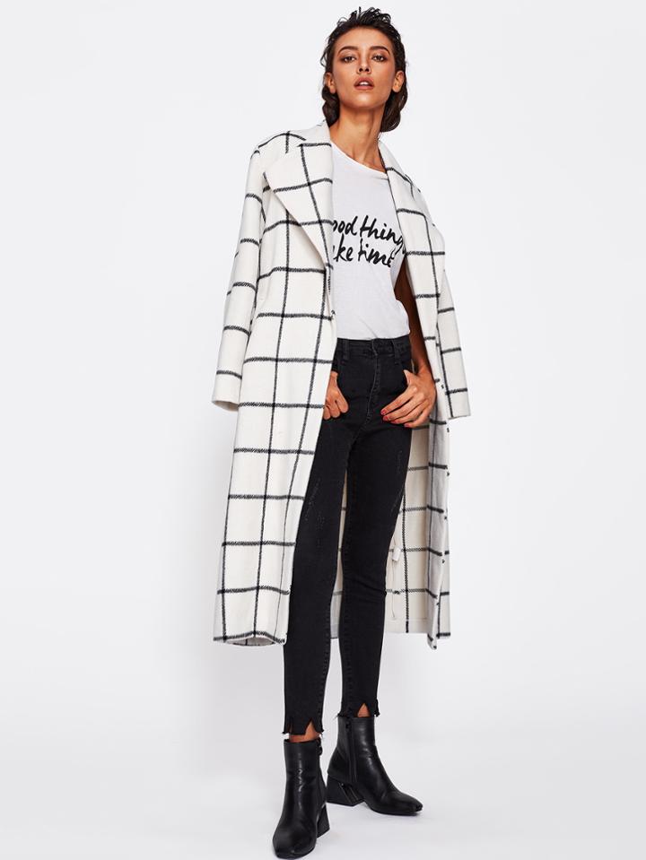Romwe Drape Collar Grid Longline Coat