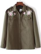 Romwe Army Green Flower Embroidery Coat With Pockets