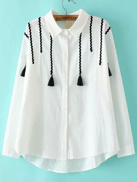 Romwe White Lapel Long Sleeve Tassel Blouse