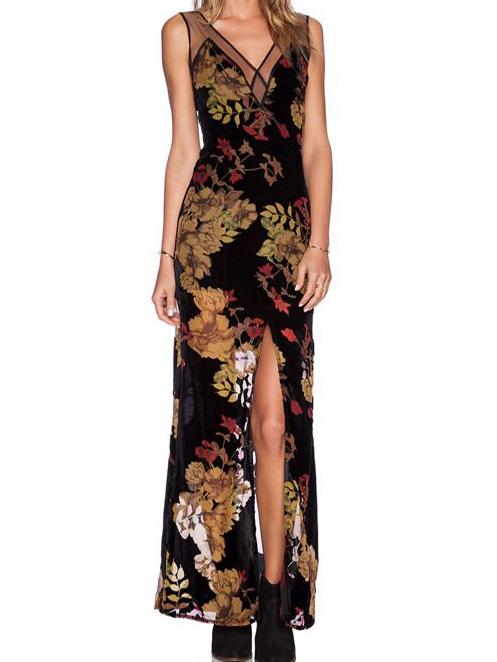 Romwe Contrast Mesh V Neck Flower Print Split Dress