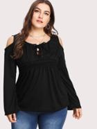 Romwe Contrast Lace Open Shoulder Lace Up Tee