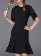 Romwe Black Contrast Lace Sleeve Flounce Dress