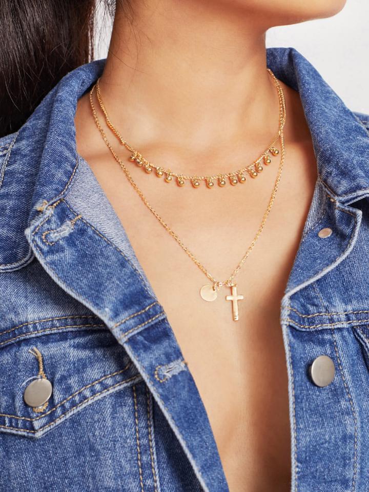 Romwe Cross & Sequin Pendant Layered Chain Necklace