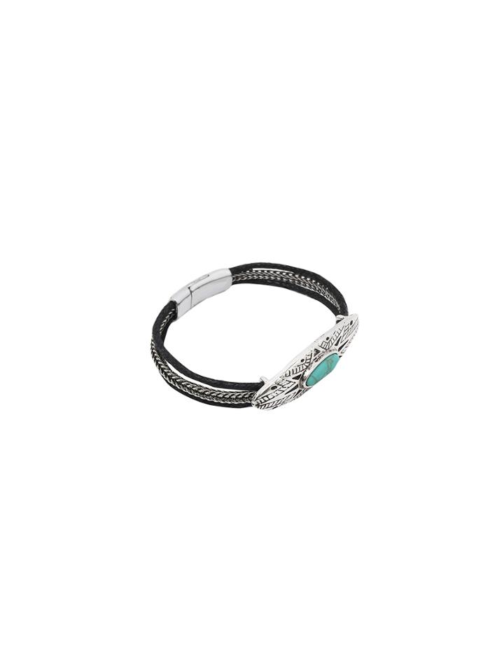 Romwe Antique Silver Turquoise Carved Braided Bracelet