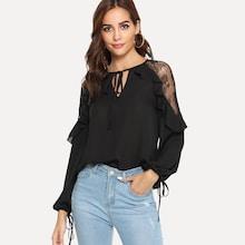 Romwe Lace Insert Ruffle Trim Knotted Blouse