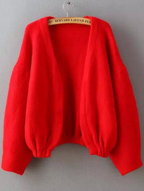 Romwe Lantern Sleeve Crop Red Sweater Coat