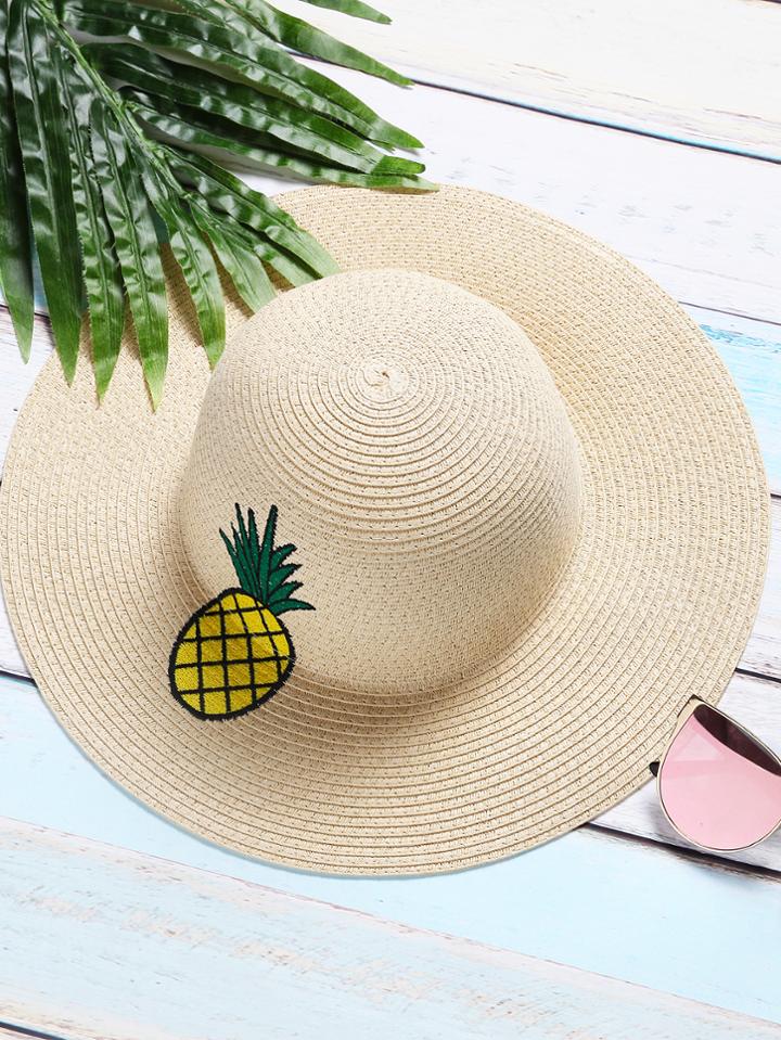 Romwe Beige Pineapple Embroidery Straw Hat