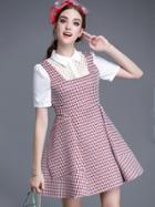 Romwe Multicolor Lapel Short Sleeve Contrast Lace Dress