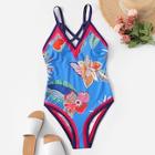 Romwe Random Floral Contrast Piping One Piece Swimsuit