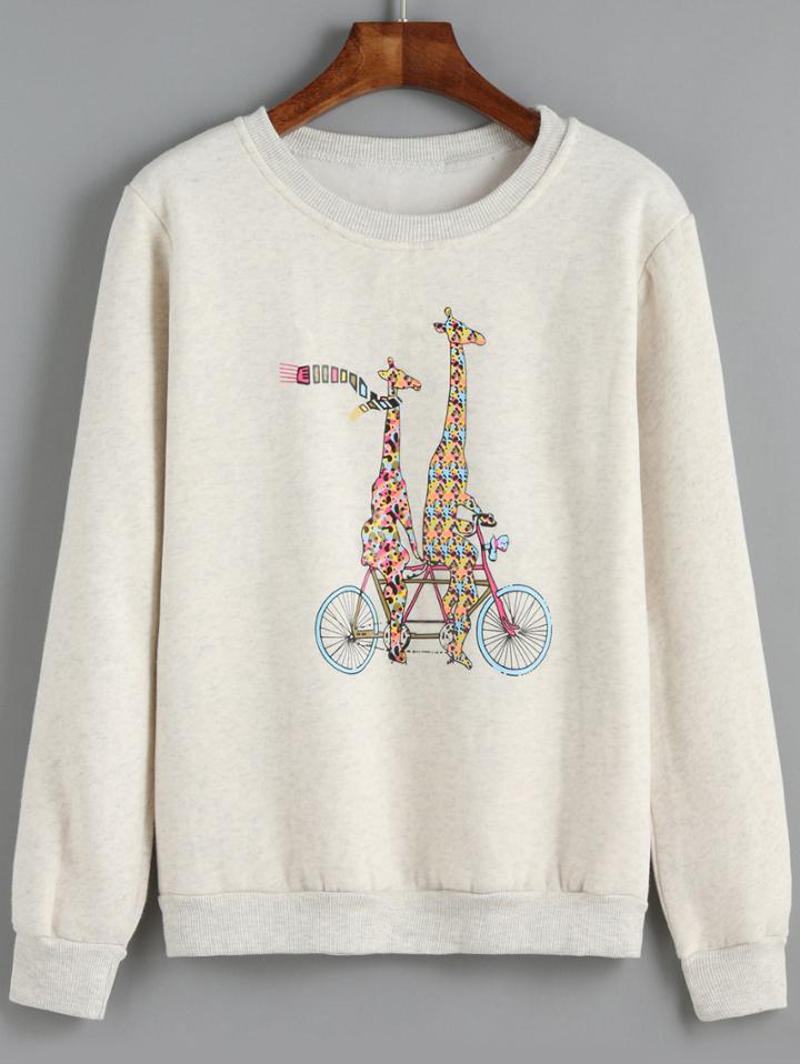 Romwe Light Grey Round Neck Giraffe Print Sweatshirt