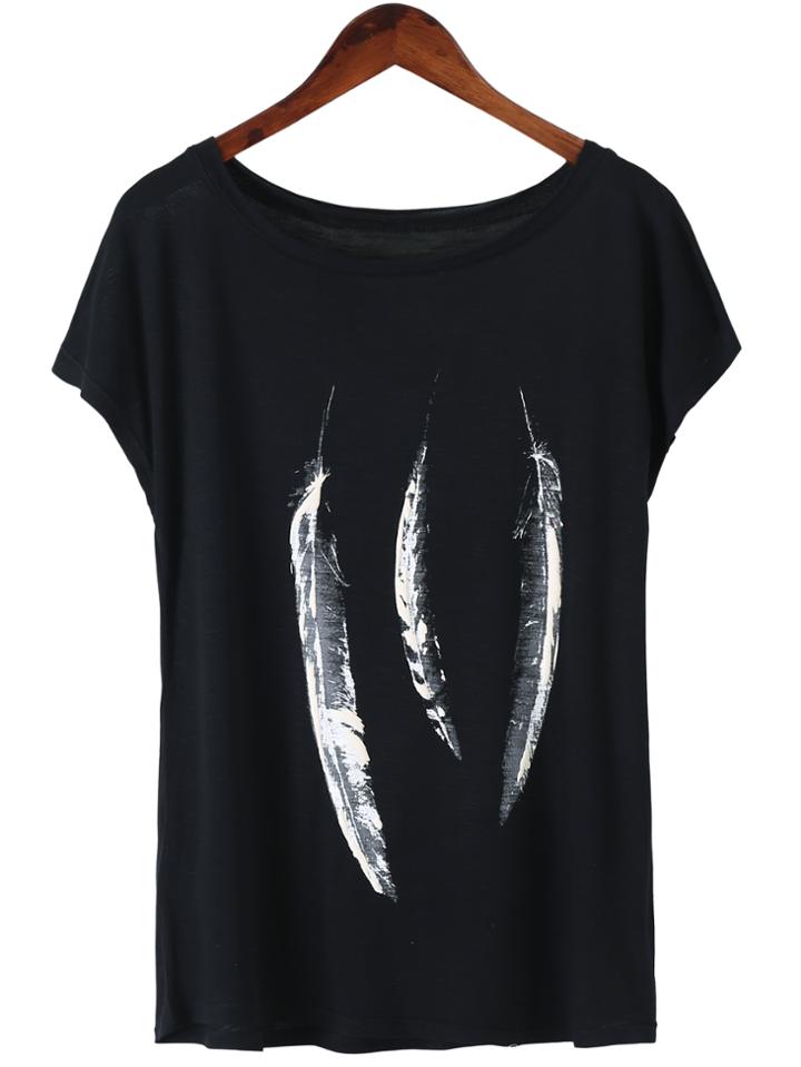Romwe Black Scoop Neck Feather Print Casual T-shirt
