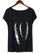 Romwe Black Scoop Neck Feather Print Casual T-shirt