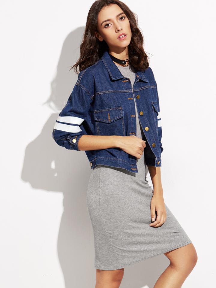 Romwe Blue Letter Print Striped Trim Denim Jacket