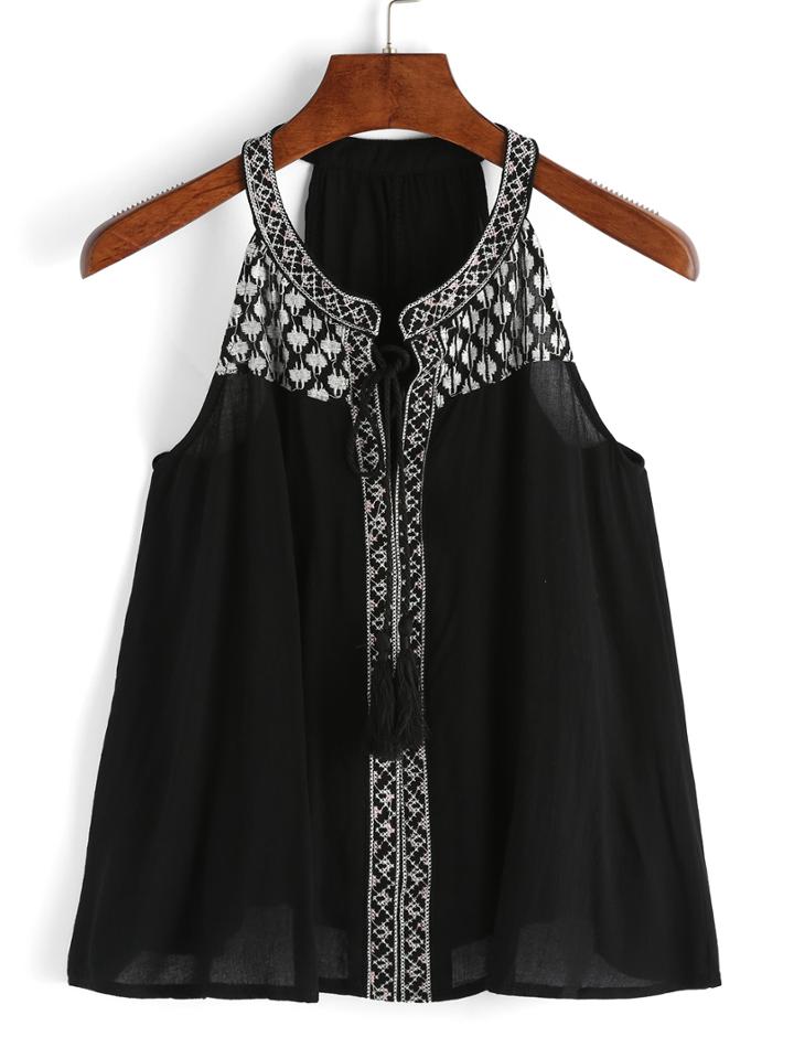 Romwe Embroidered Lace Up Tank Top