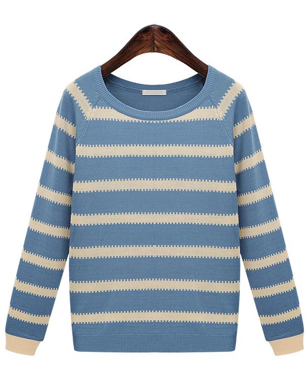 Romwe Blue Apricot Long Sleeve Striped Knit Sweater