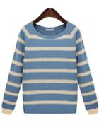 Romwe Blue Apricot Long Sleeve Striped Knit Sweater
