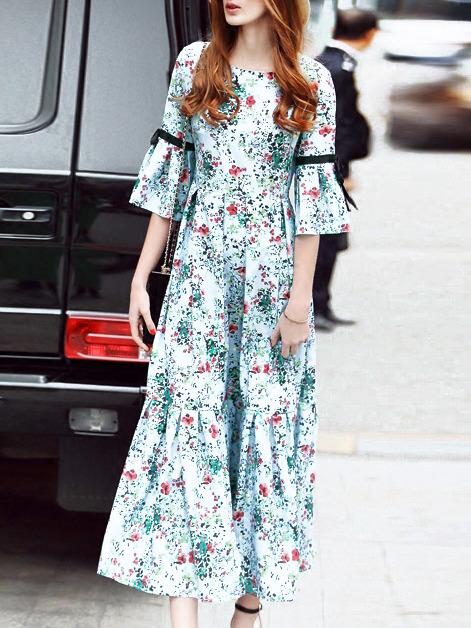 Romwe White Bell Sleeve Floral Midi Dress