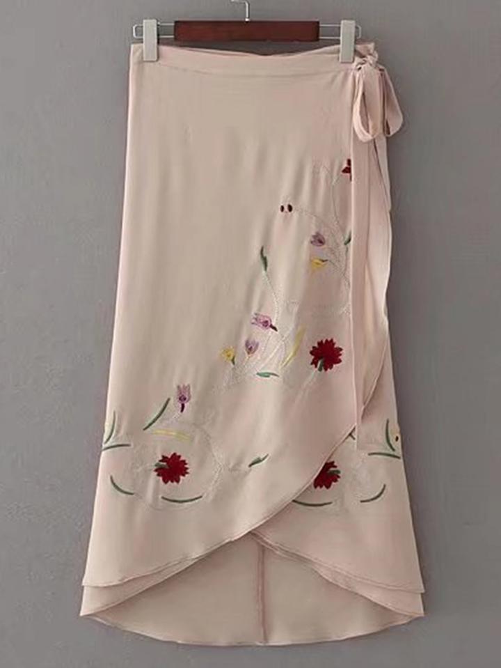 Romwe Overlap Front Embroidery Skirt