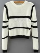 Romwe Striped Crop White Sweater