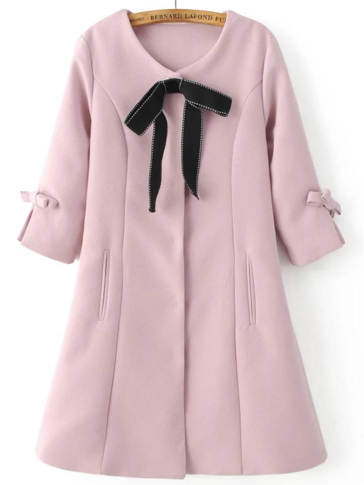 Romwe Pink Bow Embellished Hidden Button Slim Coat