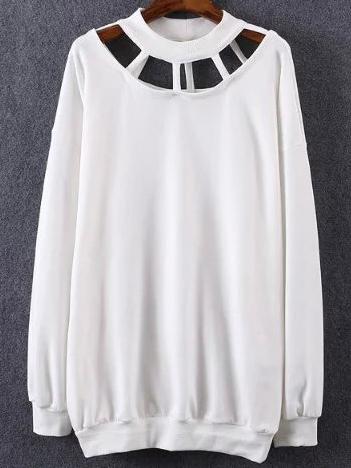 Romwe Cut Out Neck Boyfriend White Sweater